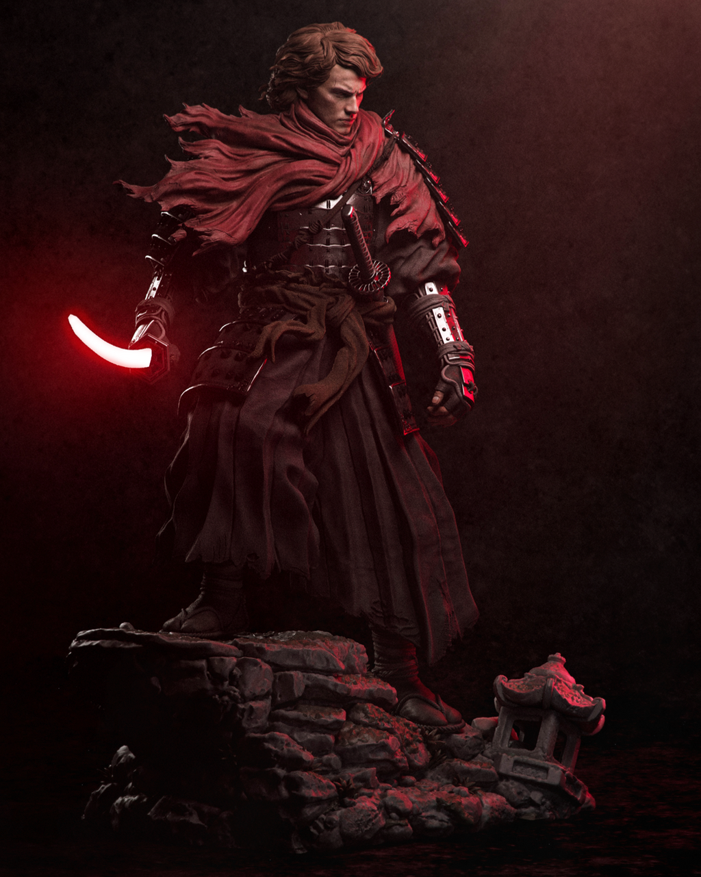 Fallen Samurai Knight Resin Statue – Dark Fantasy Crimson Swordsman Figure –  Model Kit