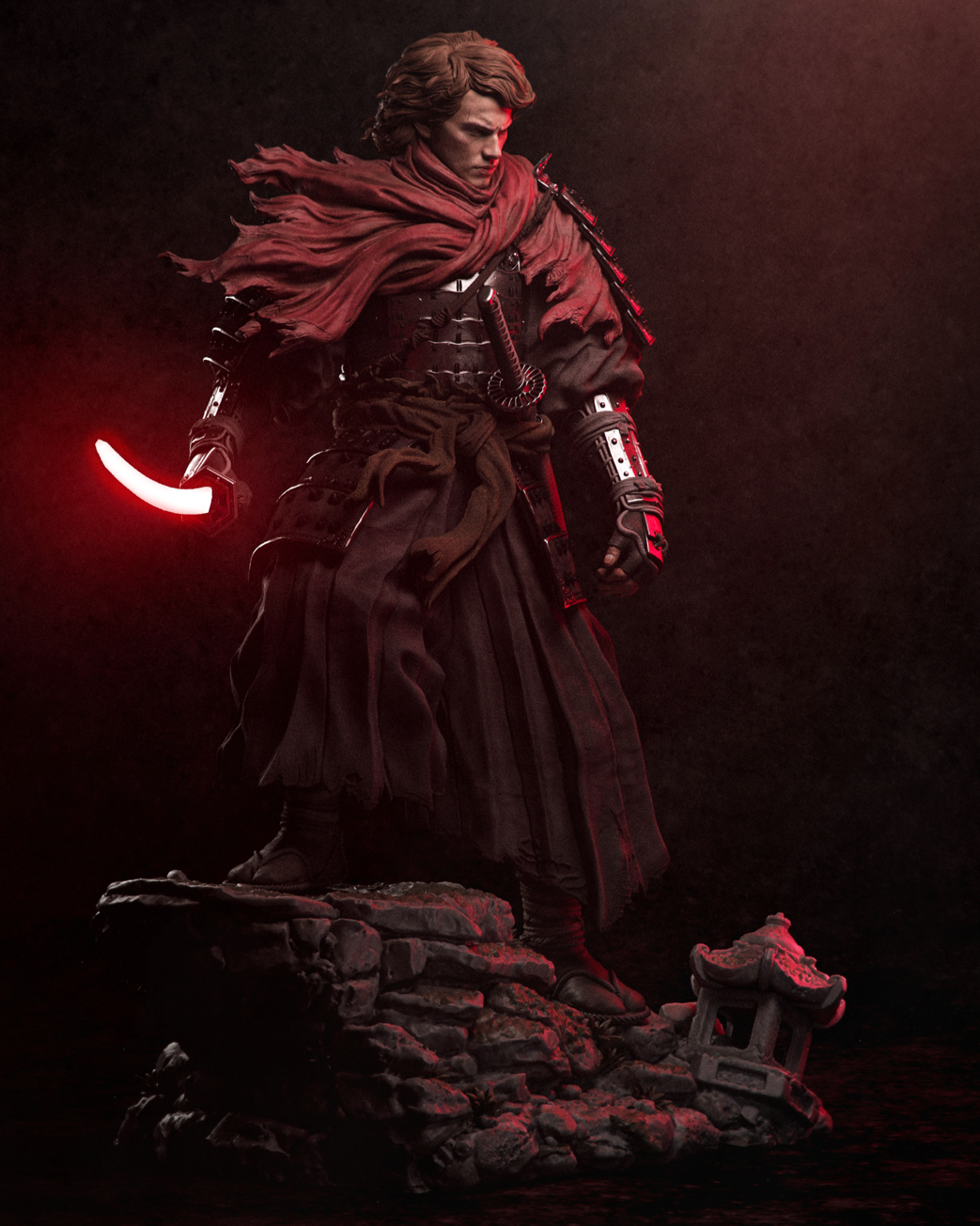 Fallen Samurai Knight Resin Statue – Dark Fantasy Crimson Swordsman Figure –  Model Kit